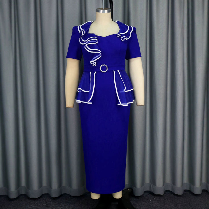 Elegantes blaues Langarm-Rüschenkleid für Damen, figurbetont und perfekt für festliche Anlässe.