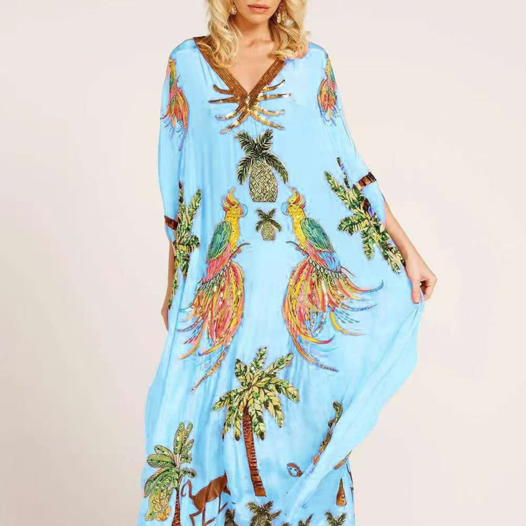 Freizeitkleid Damen Addison: Fließender Knöchel-Kaftan mit lockerer Passform. Perfekt als Sommer- oder Strandkleid.