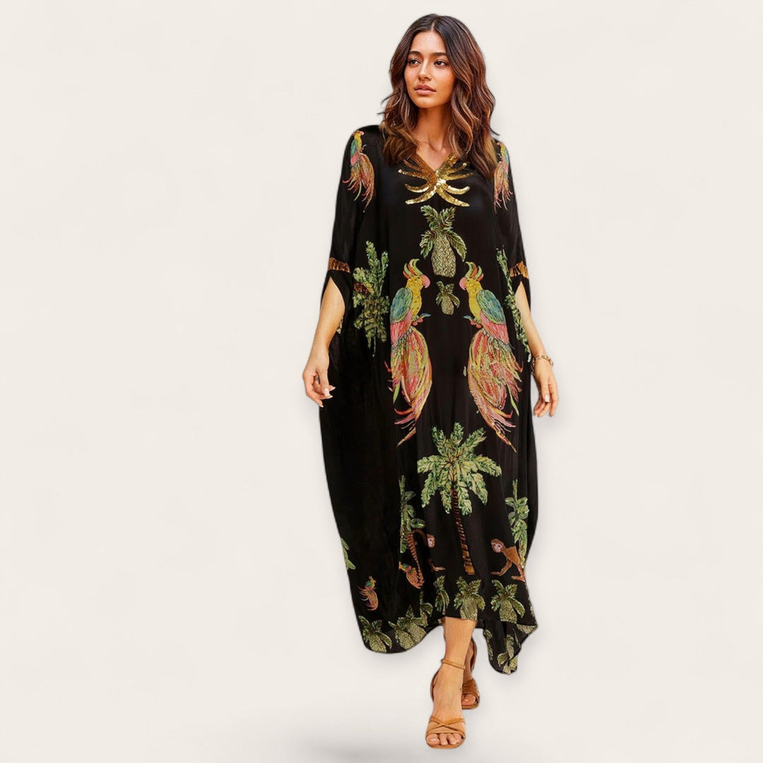 Addison Kaftan: Gemustertes, knöchellanges Damen Maxikleid. Bequemes Freizeitkleid im tropischen Stil.