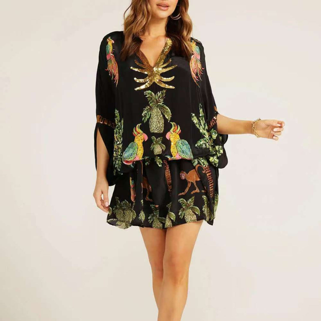 Tropischer Damen Kaftan Addison: Knöchellanges Sommer Maxikleid mit weiten Ärmeln. Bequemes Freizeit- und Strandkleid.