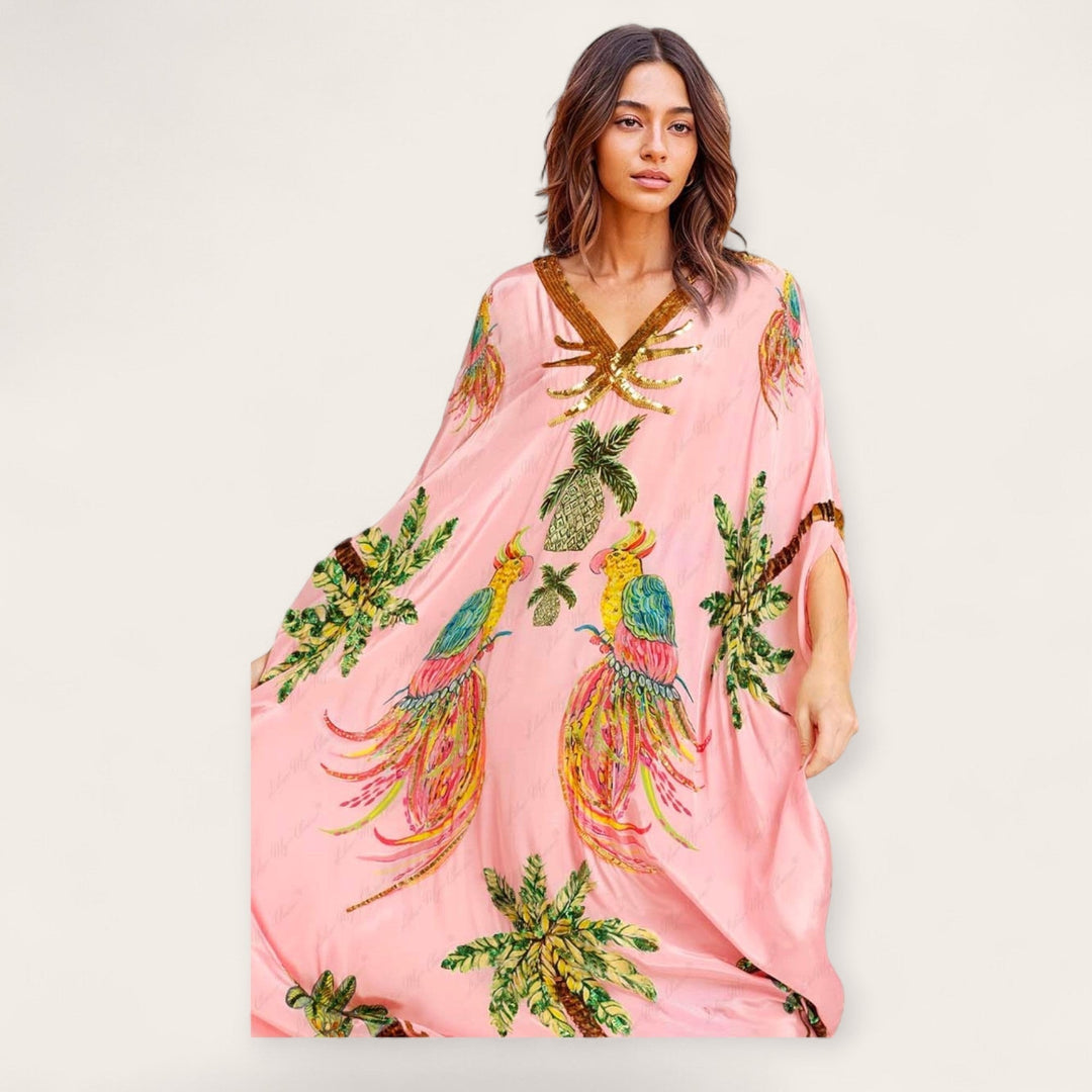 Addison Strandkleid: Gemusterter Damen Kaftan, knöchellang & locker. Ideal für den Sommerurlaub.
