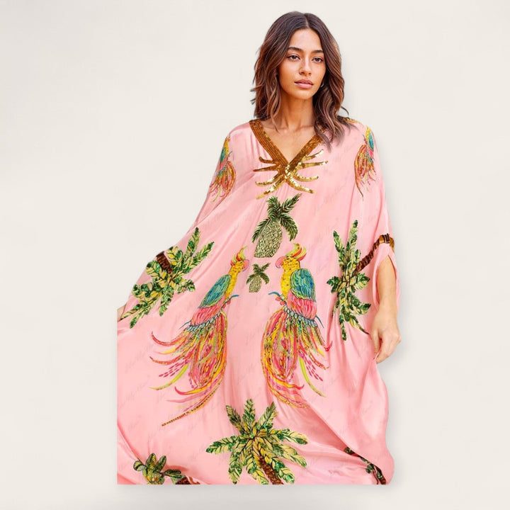Addison Strandkleid: Gemusterter Damen Kaftan, knöchellang & locker. Ideal für den Sommerurlaub.