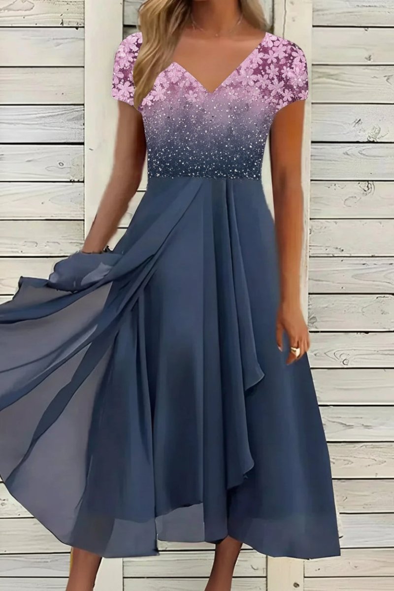 Fließendes Damen Maxi-Abendkleid aus leichtem Stoff, mit elegantem Blumenmuster & V-Ausschnitt.