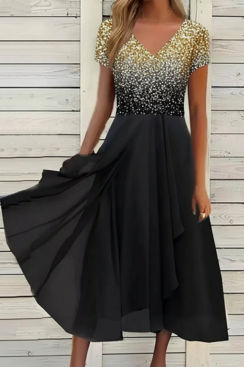 Zeitloses Damen Festkleid: langes, elegantes Maxikleid mit Blumenmuster und femininem V-Ausschnitt.