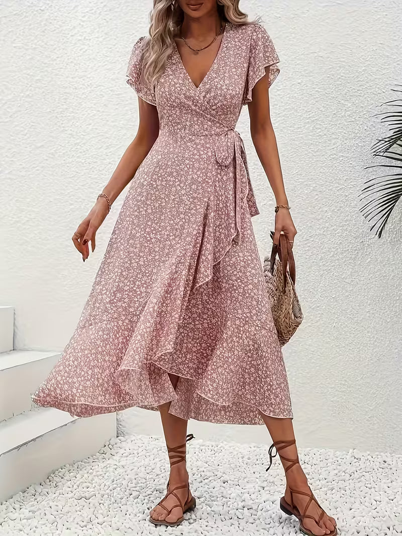 Luftig leichtes Wickelkleid für Damen mit kurzen Ärmeln, fließend, bauchumspielend im Sommer.