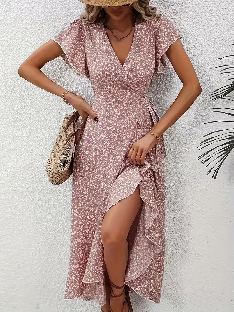 Der fließende Saum des eleganten Damen Maxikleids mit Wickeldetail, tanzt im Sommerwind.