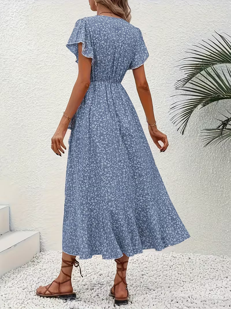 Elegantes Damen Maxikleid mit Wickel-Effekt, fließend und bauchumspielend, ideal für Sommeranlässe.