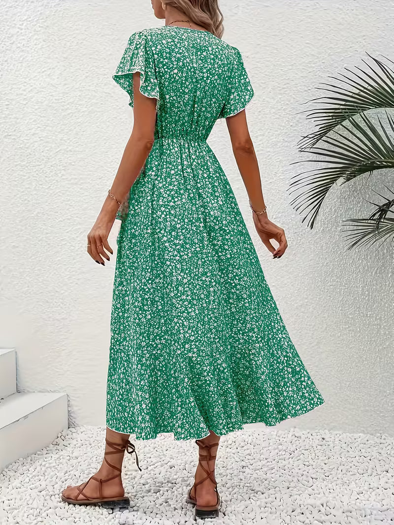 Bequemes Damen Maxikleid mit Wickeldetail, fließend und bauchumspielend, ideal für heiße Tage.