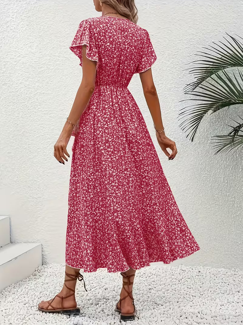 Damen Wickelkleid kombiniert mit Sandalen und Hut, fließend, bauchumspielend, sommerlich-elegant.