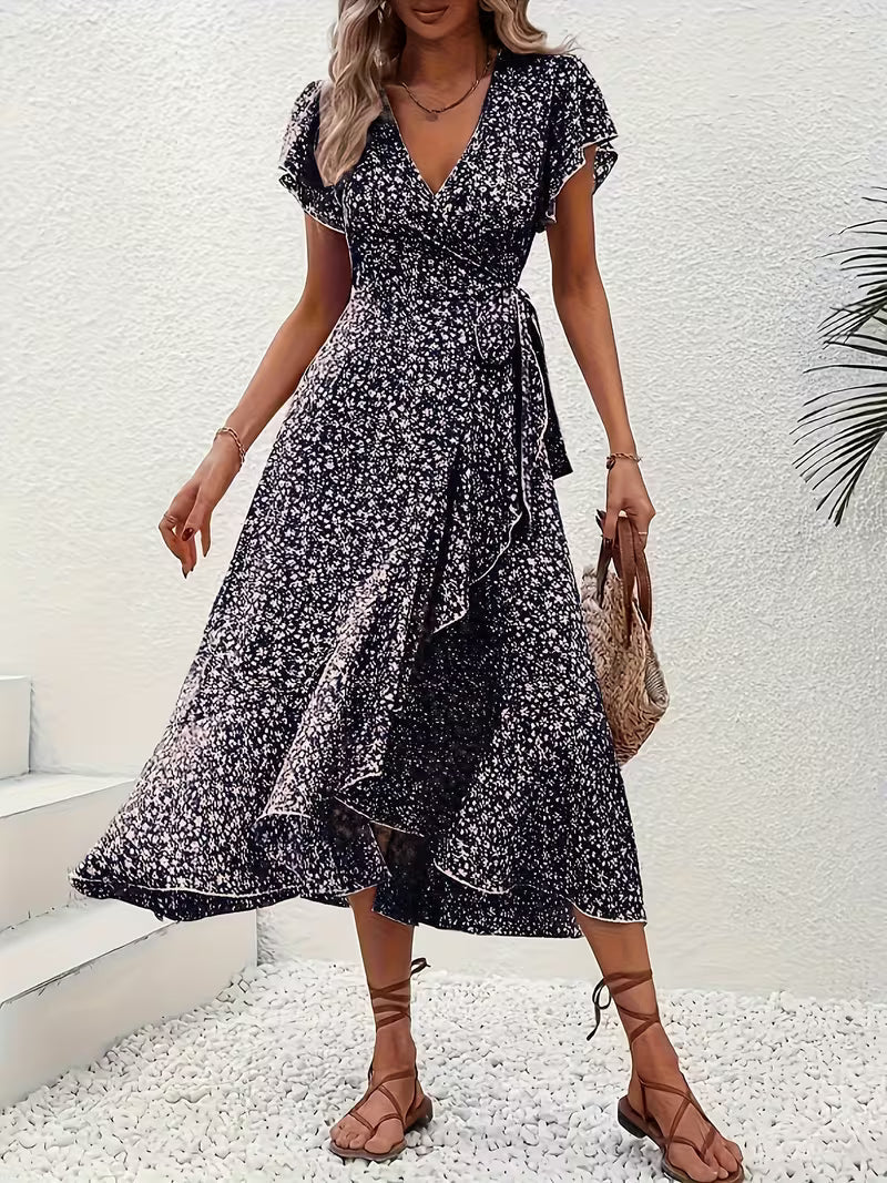 Studioaufnahme: fließendes Damen Wickelkleid, elegant, bauchumspielend und mit V-Ausschnitt.