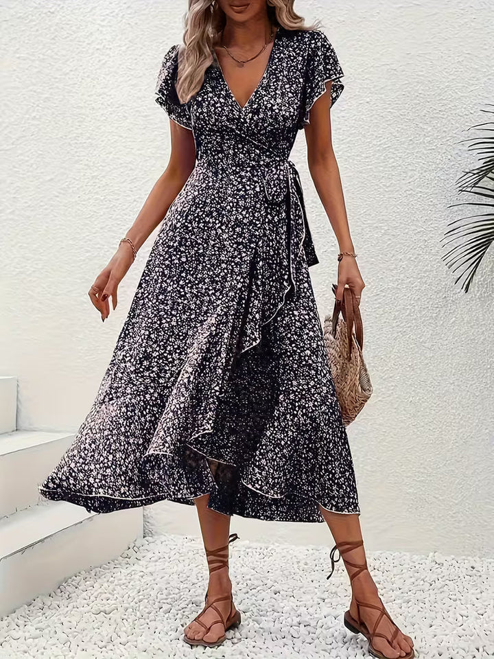 Studioaufnahme: fließendes Damen Wickelkleid, elegant, bauchumspielend und mit V-Ausschnitt.