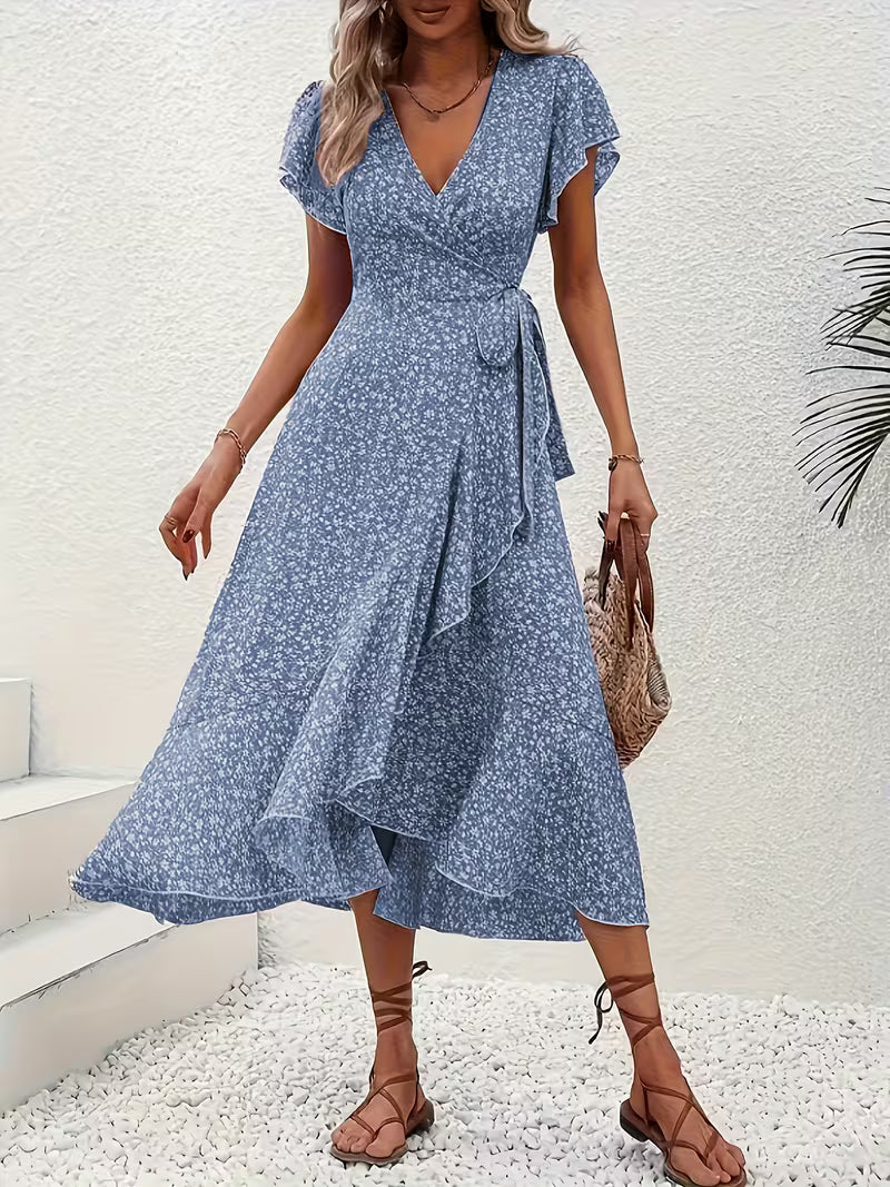 Langes Sommer Wickelkleid für Damen, schmeichelhaft mit V-Ausschnitt und fließendem Material.
