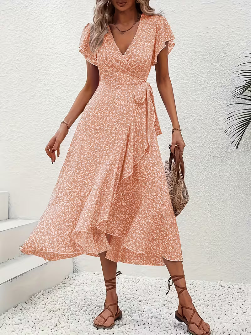 Feminin-elegantes Wickelkleid für Damen, fließend, bauchumspielend, perfekt für den Sommer.