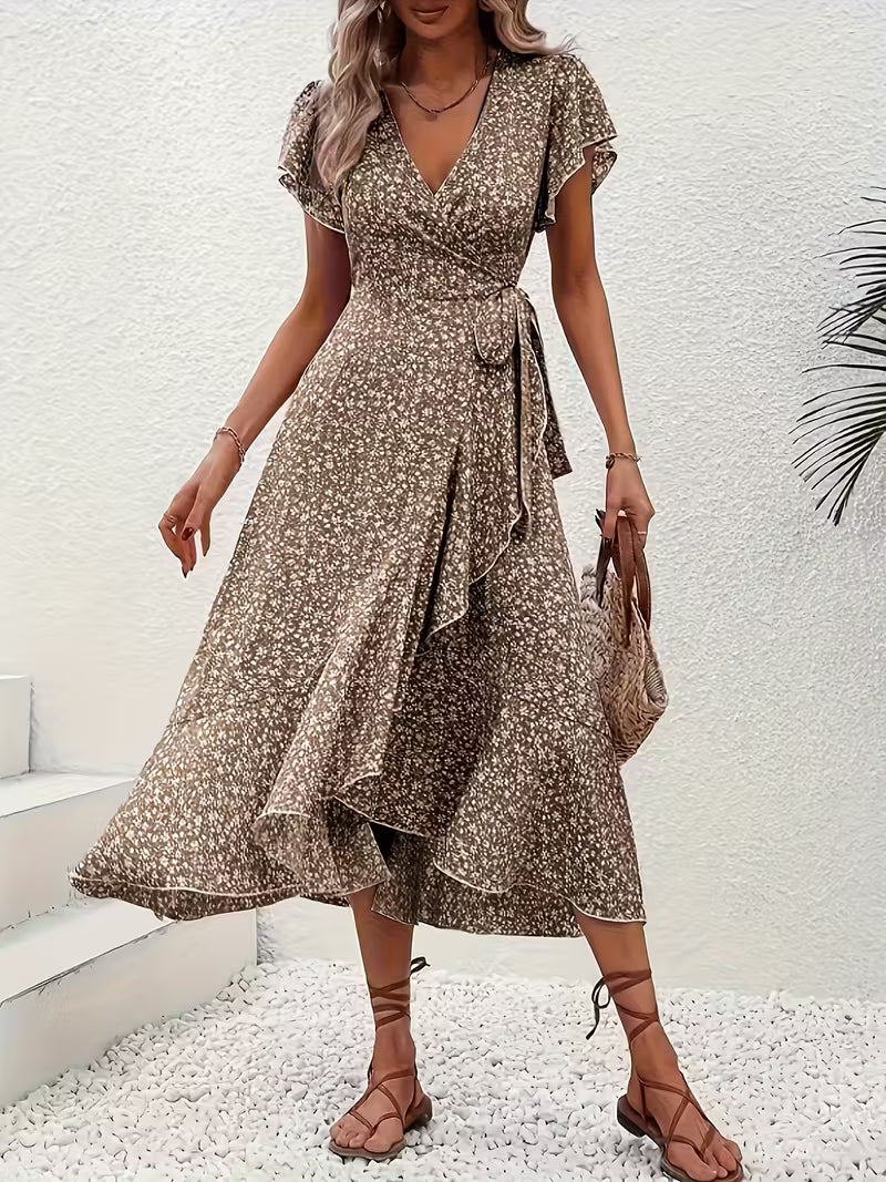 Blumen Maxikleid als Wickelkleid, fließend und bauchumspielend für Damen, ideal für den Sommer.