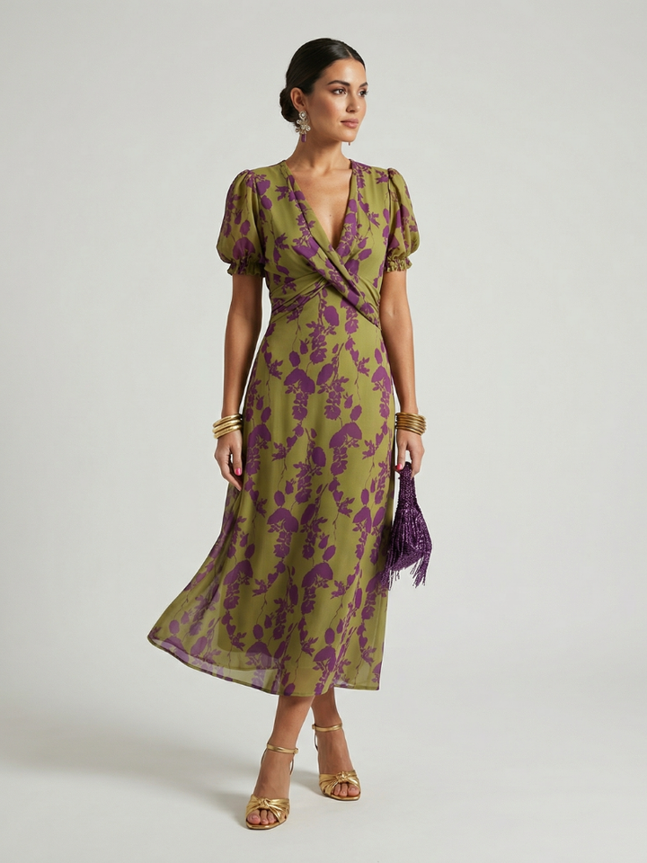 Damen florales Midikleid mit Wickeldetail, Kurzarm, elegant & schmeichelhaft für Frühling/Sommer.