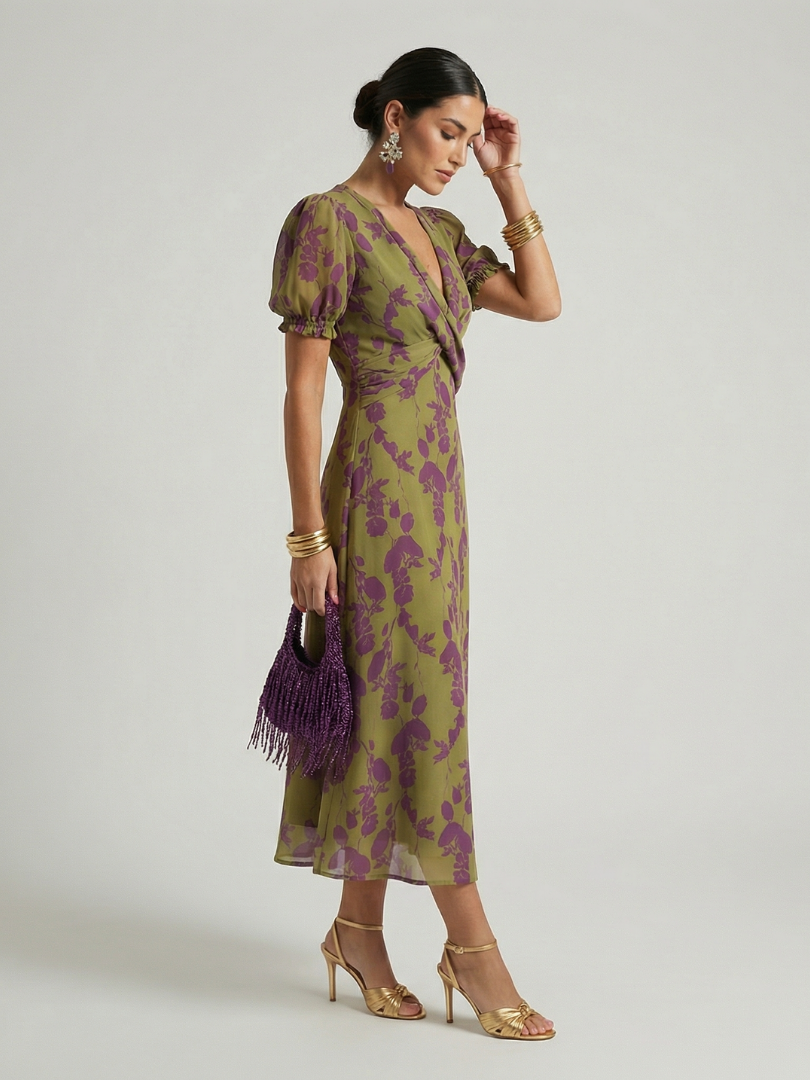 Entspanntes Damen Wickel-Midikleid, florales Muster, vielseitiges Sommerkleid mit Kurzarm.