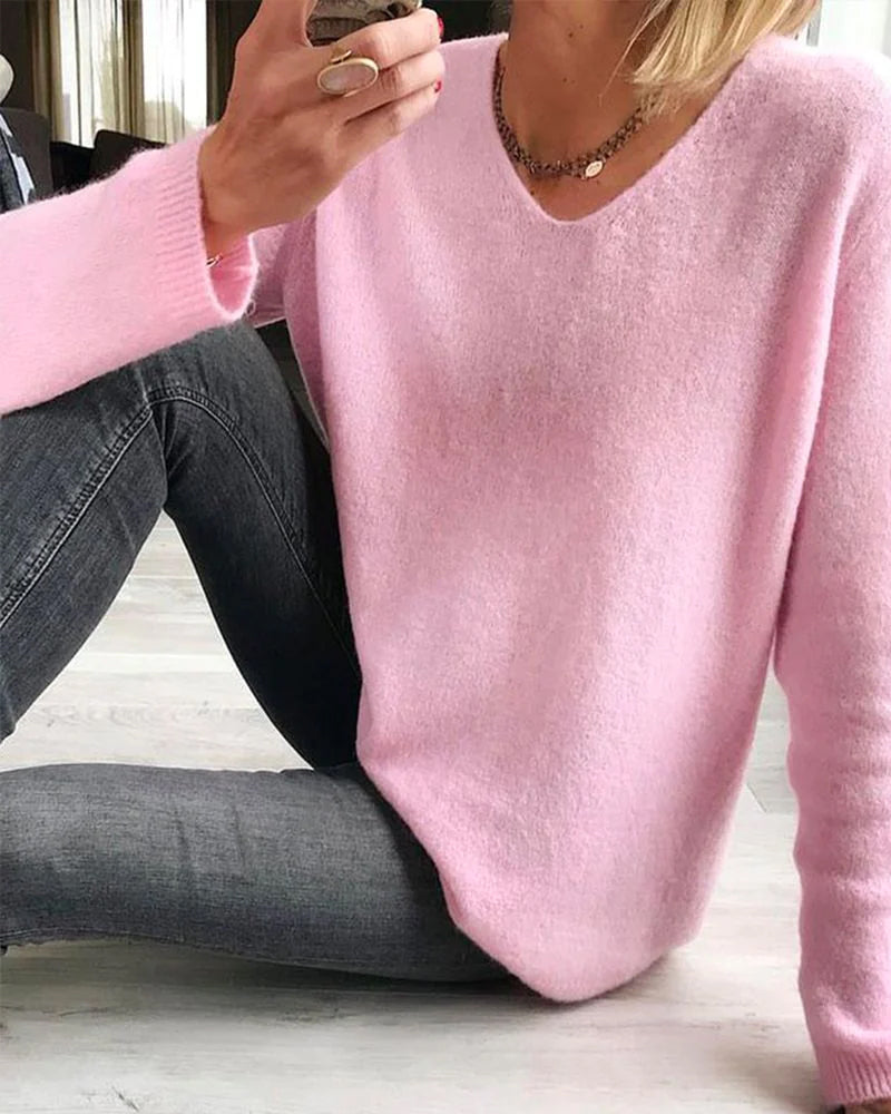 Damen Freizeit Pullover Sophie mit V-Ausschnitt in Unifarbe, langärmlig, elegant & komfortabel für Frühling/Herbst.