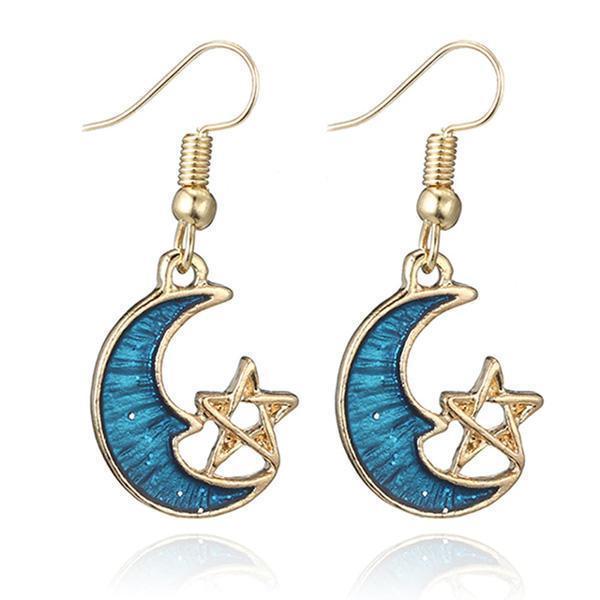 Damen Ohrringe Galaxie am Ohr getragen, Stern & Mond Design, asymmetrischer Statement Schmuck.