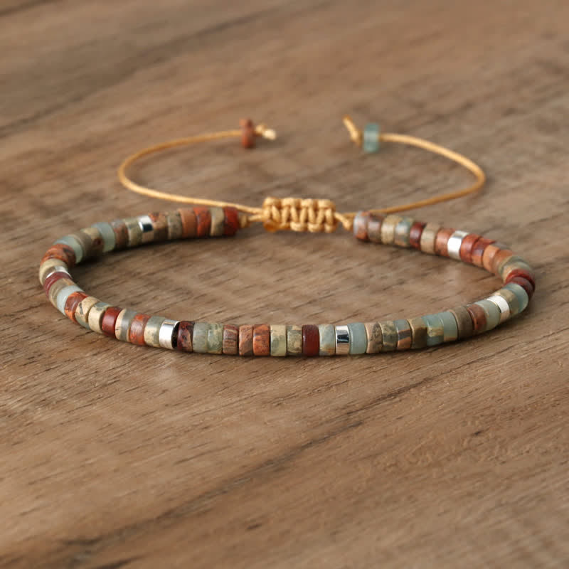 Damen geflochtenes Armband mit 2,4 mm Picassojaspis Naturstein-Perlen, grau-schwarz.