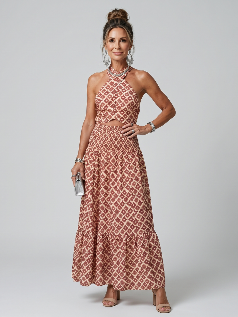 Damen geometrisches Midikleid mit modischem Cutout und eleganten Kreuzträgern; ideal für Sommerpartys.
