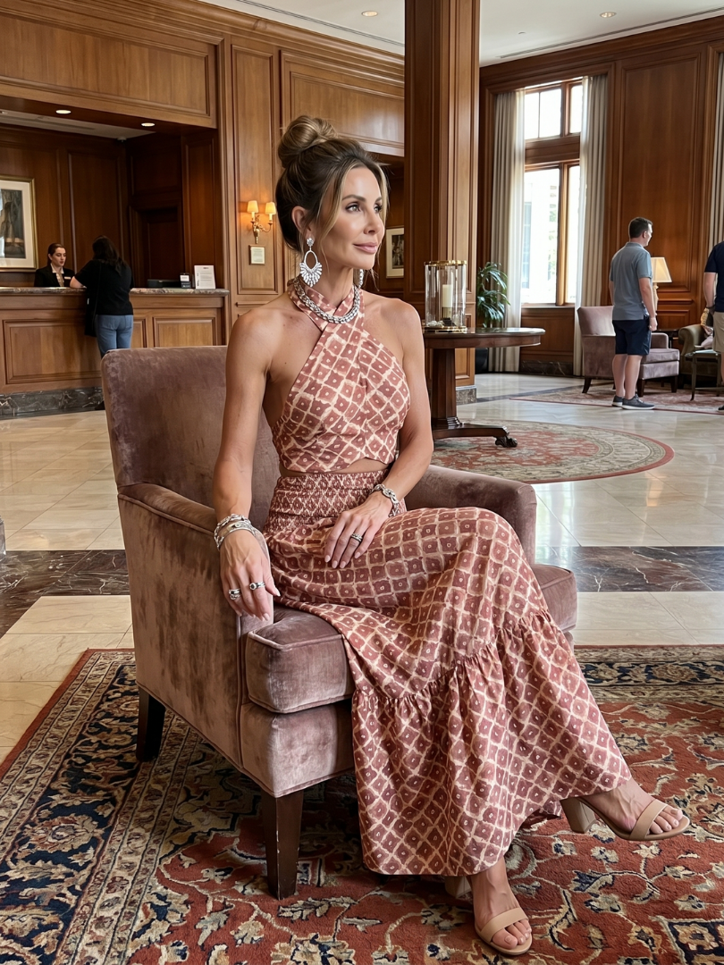 Modernes Damen Midikleid mit geometrischem Print, seitlichem Cutout und verstellbaren Kreuzträgern.