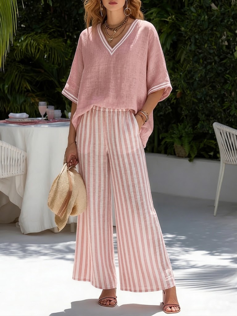 Komfortables Damen Freizeit Set mit eleganten Streifen. Ein vielseitiger Zweiteiler für entspannte Tage oder Casual Chic.