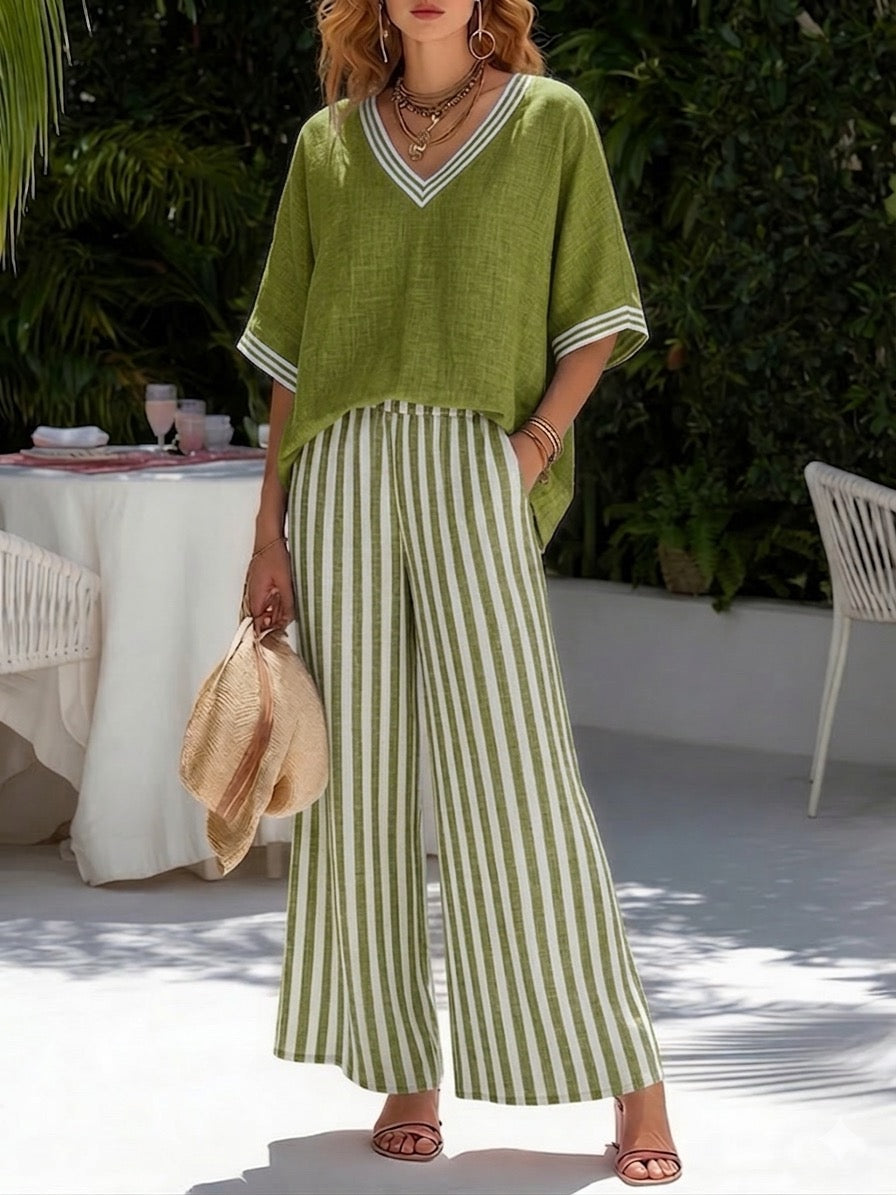 Damen gestreiftes Sommer Outfit, als Zweiteiler oder einzeln tragbar, präsentiert vielseitige Styling-Möglichkeiten. Casual Chic.