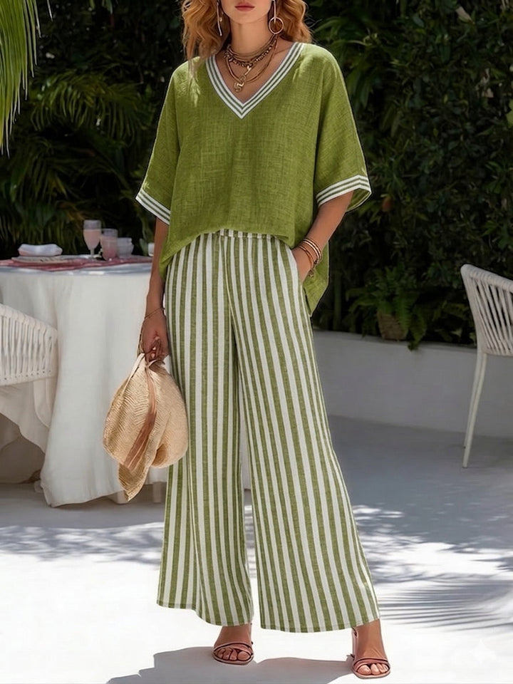 Damen gestreiftes Sommer Outfit, als Zweiteiler oder einzeln tragbar, präsentiert vielseitige Styling-Möglichkeiten. Casual Chic.