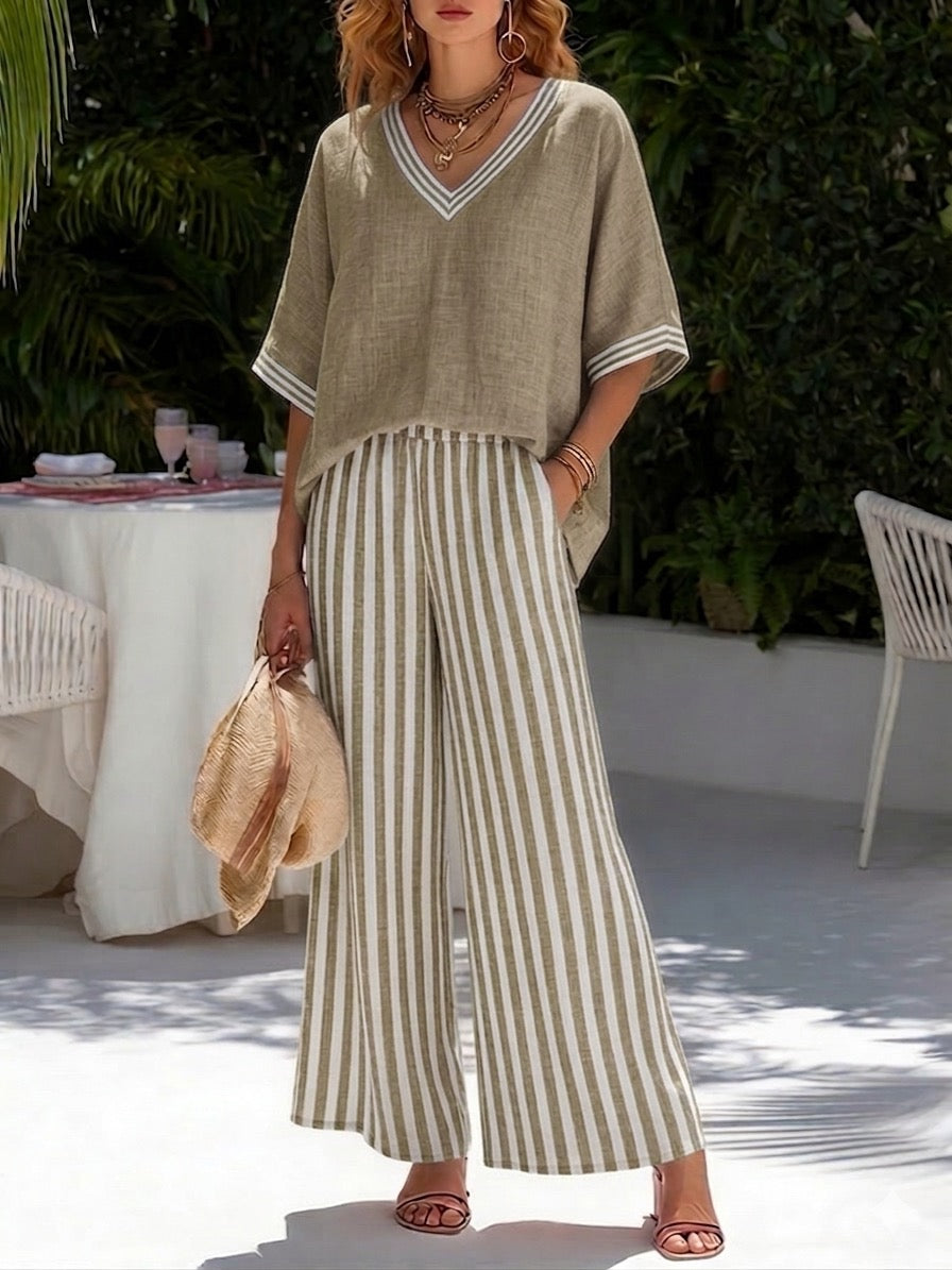 Stilvolles Damen Freizeit Set mit gestreiftem Oberteil und Hose. Ein bequemer Zweiteiler für jeden Anlass. Eleganter Sommer-Look.