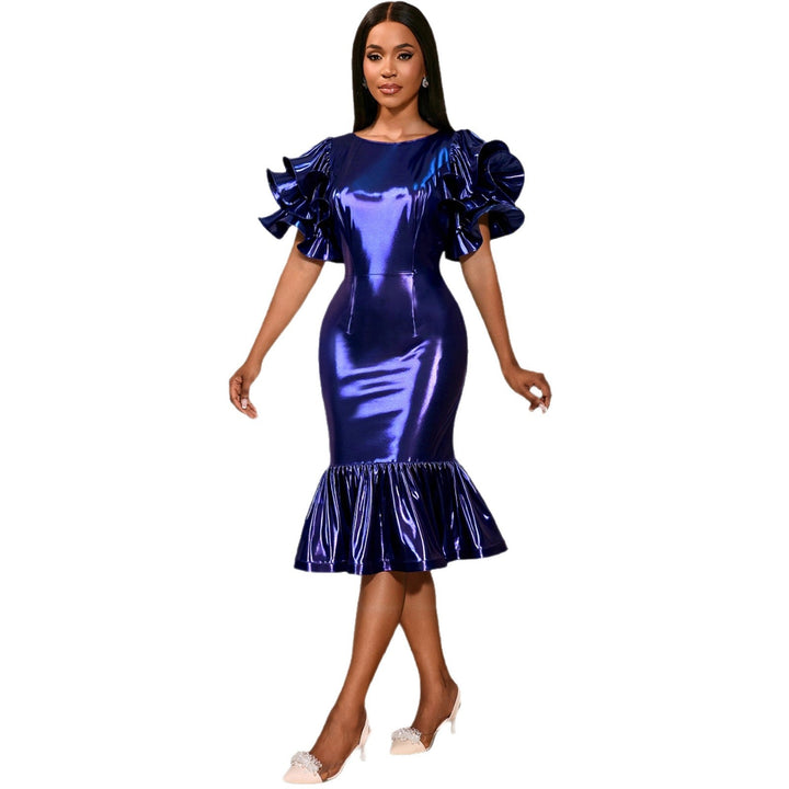 Festliches Damen Abendkleid in Dunkelblau, glamourös mit Rüschenschultern, ideal für besondere Anlässe & Events.