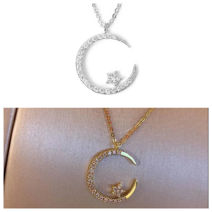Elegante Damen Halskette mit Mond- & Stern-Anhänger, goldplattiert. Vielseitiger, hypoallergener Damenschmuck.
