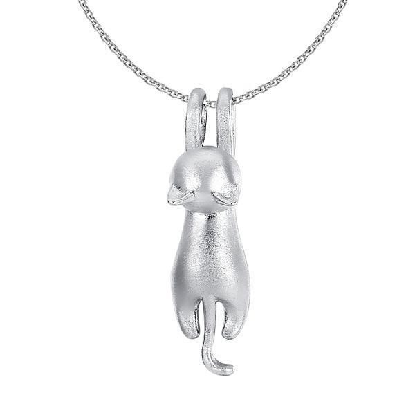Glänzende 925 Sterling Silber Halskette für Damen, mit filigranem Katzen-Motiv als Anhänger.