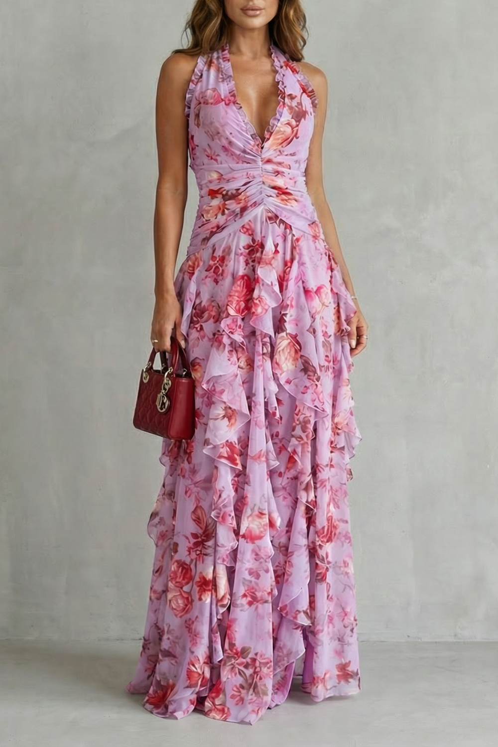 Damen Halter Maxikleid: Elegantes Blumenprint Sommerkleid mit Kaskadenrüschen. Ideal für Party & Urlaub.