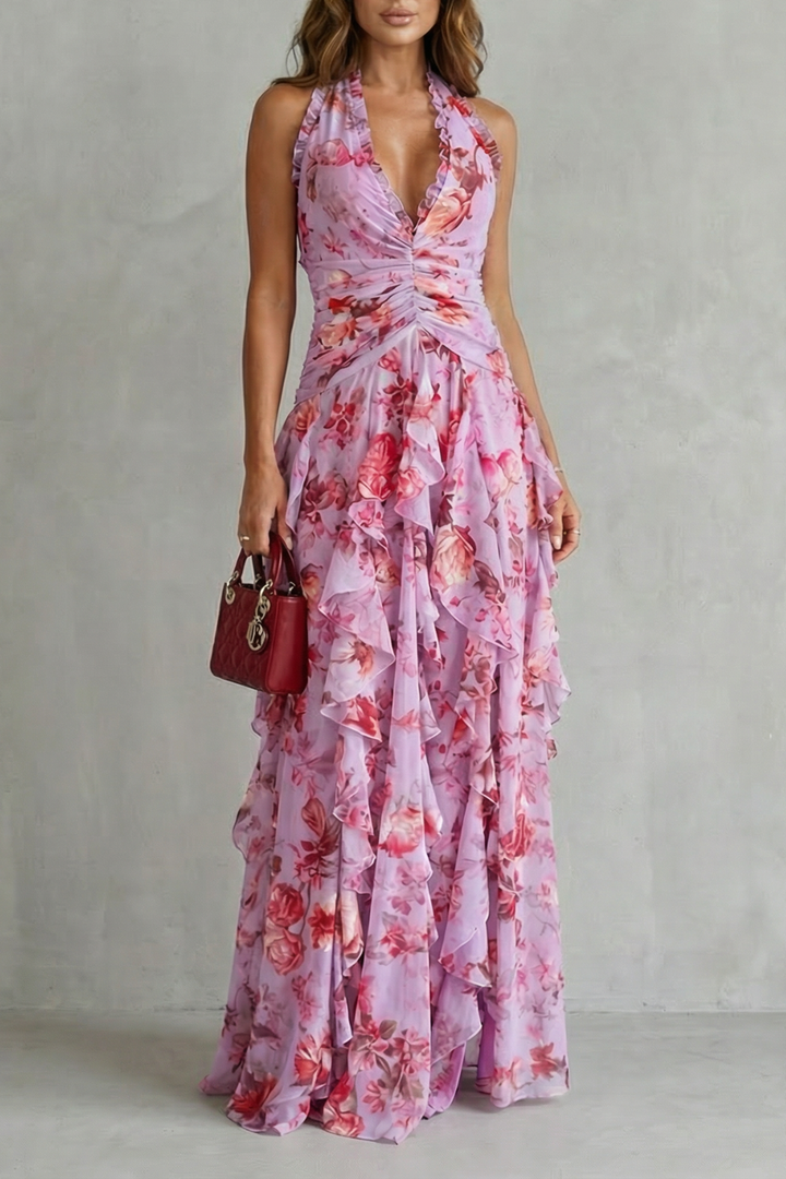 Damen Halter Maxikleid: Elegantes Blumenprint Sommerkleid mit Kaskadenrüschen. Ideal für Party & Urlaub.
