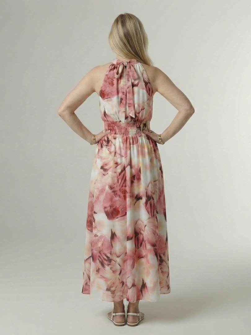 Damen Halter Midikleid, lässig kombiniert, perfekt für sommerliche Anlässe und Urlaub.