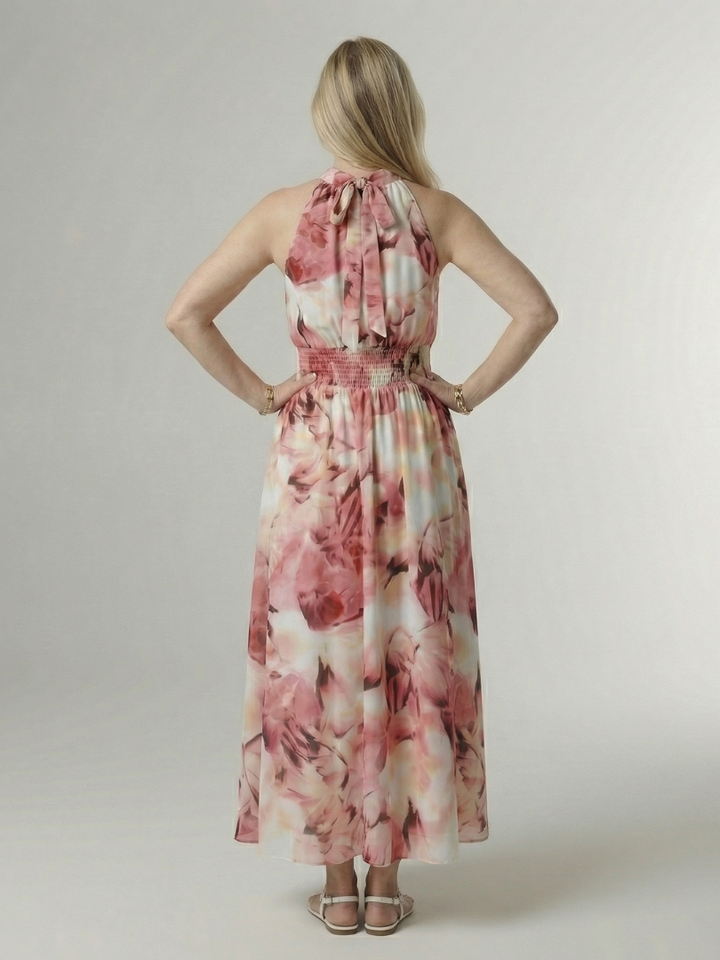 Damen Halter Midikleid, lässig kombiniert, perfekt für sommerliche Anlässe und Urlaub.