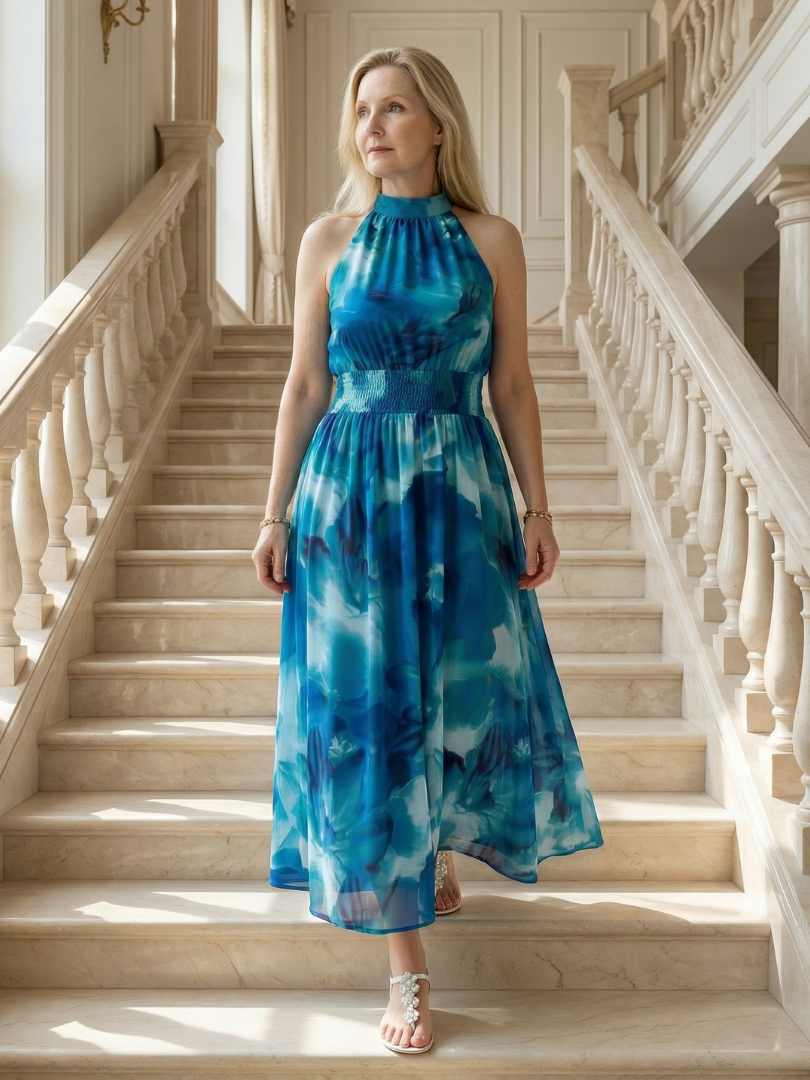 Damen Halterkleid, elegant präsentiert, ideal für Freizeit, Strand und entspannte Mode.