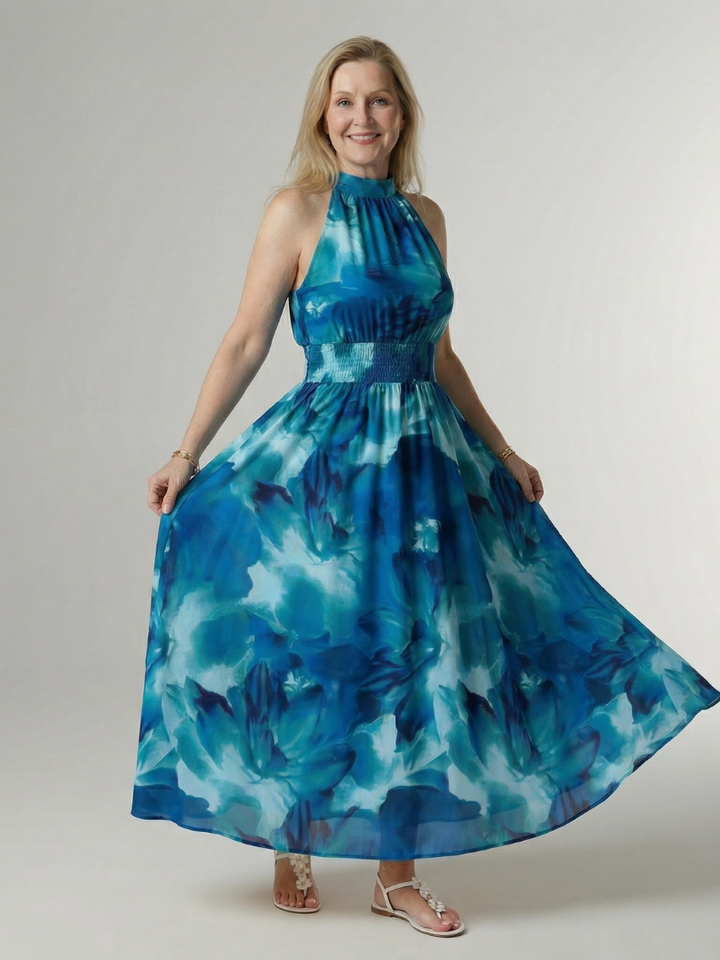 Gerafftes Halter Midikleid in Midi-Länge, einfarbig und stilvoll, ein Muss für den Sommer.