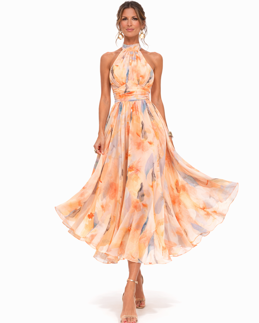 Elegantes fließendes Damenkleid mit Halter Neck und Aquarellmuster. Perfekt als Abend- oder Strandkleid.