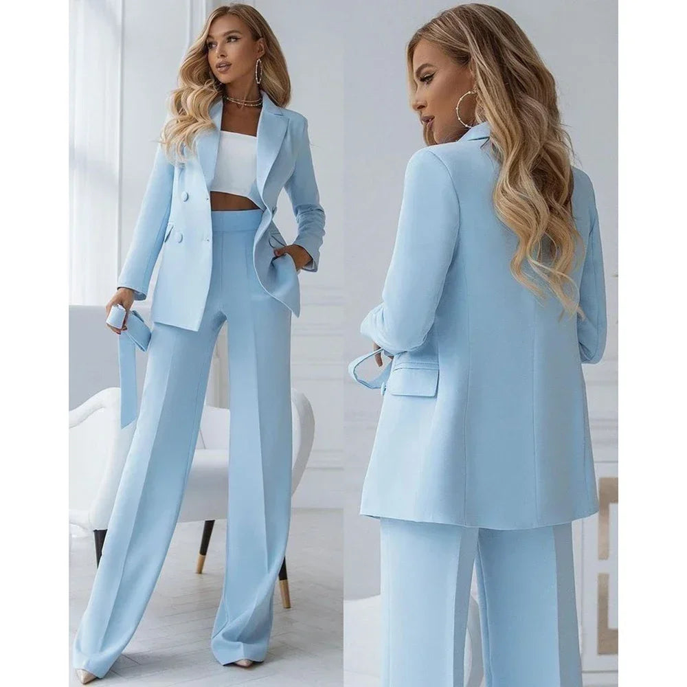 Damen Business Outfit-Set: hellblauer Doppelreiher Blazer und Hose, eleganter Zweiteiler Anzug Herbst