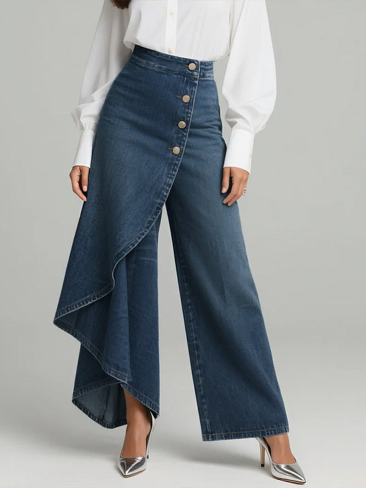 Marineblaue Damen Weitbein Jeans im Relaxed Fit; bequeme High-Waisted Hose für Freizeit und Alltag.