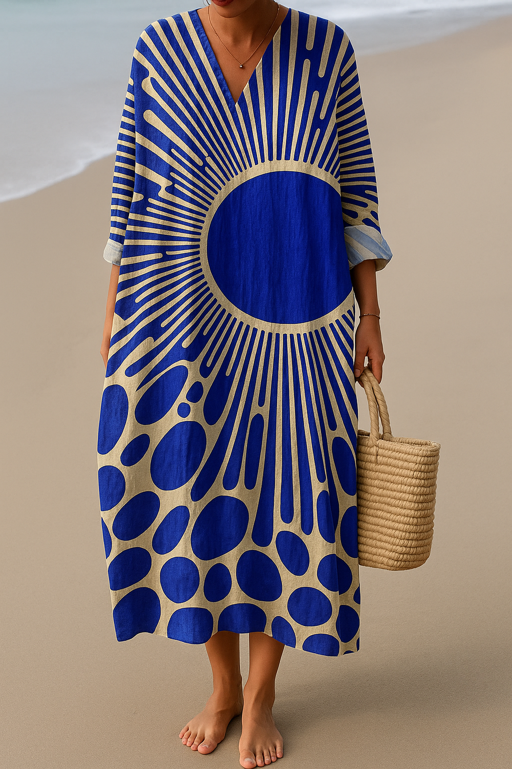 Boho Damen Midikleid Horizon, ideales Freizeit- und Strandkleid mit farbenfrohem Muster, luftig & bequem.