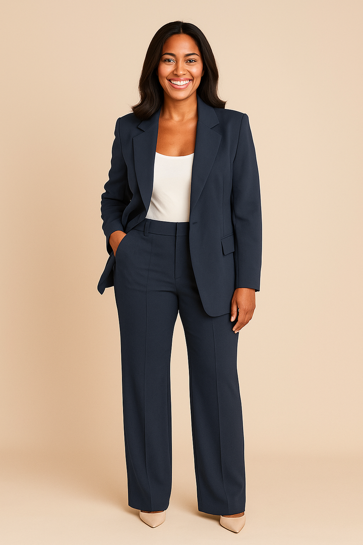 Zeitloses Damen Anzug Set "Lauren" mit tailliertem Blazer & fließender Weithose. Ideal für moderne Damenmode.