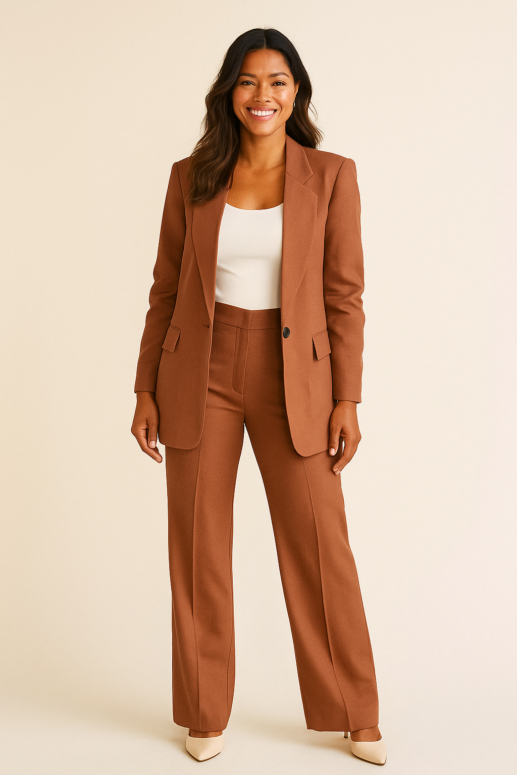 Maßgeschneiderter Damen Zweiteiler mit schickem Blazer & bequemer Weithose. Perfektes Outfit Set für jede Frau.