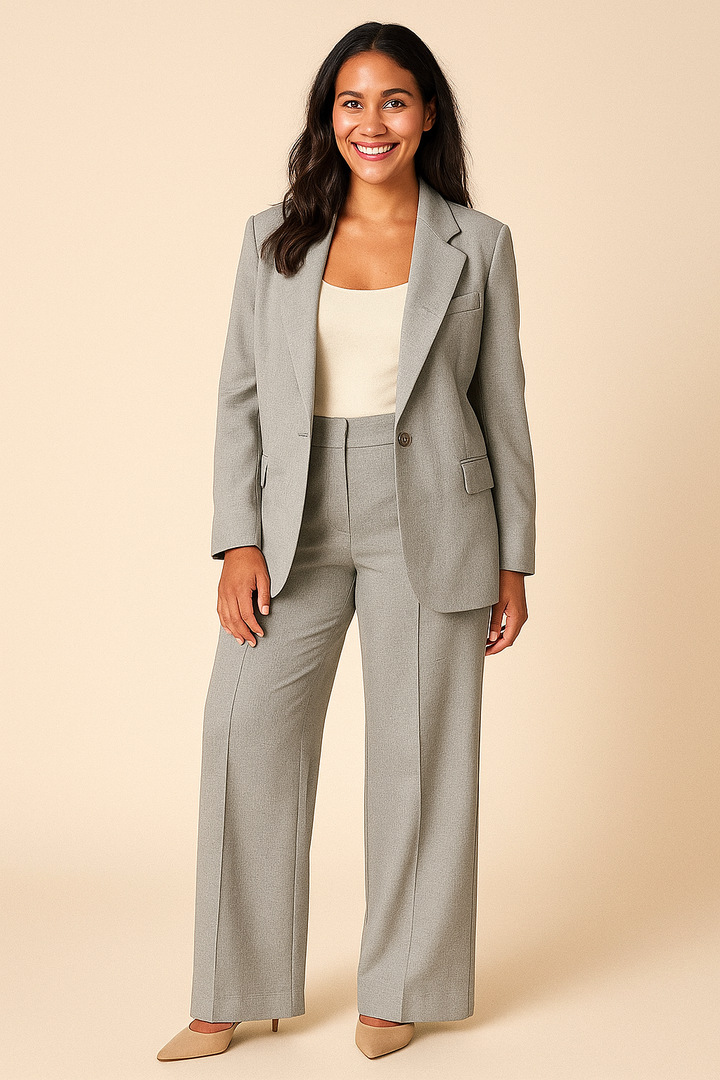 Stilvolles Damen Kleidungsset mit Business Blazer und eleganter Weithose für einen souveränen Auftritt.
