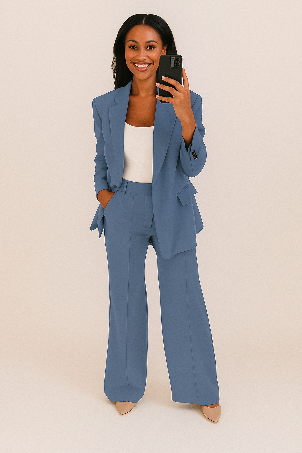 Modischer Damen Hosenanzug als Zweiteiler mit langem Blazer und lässiger Weithose für Komfort und Stil.