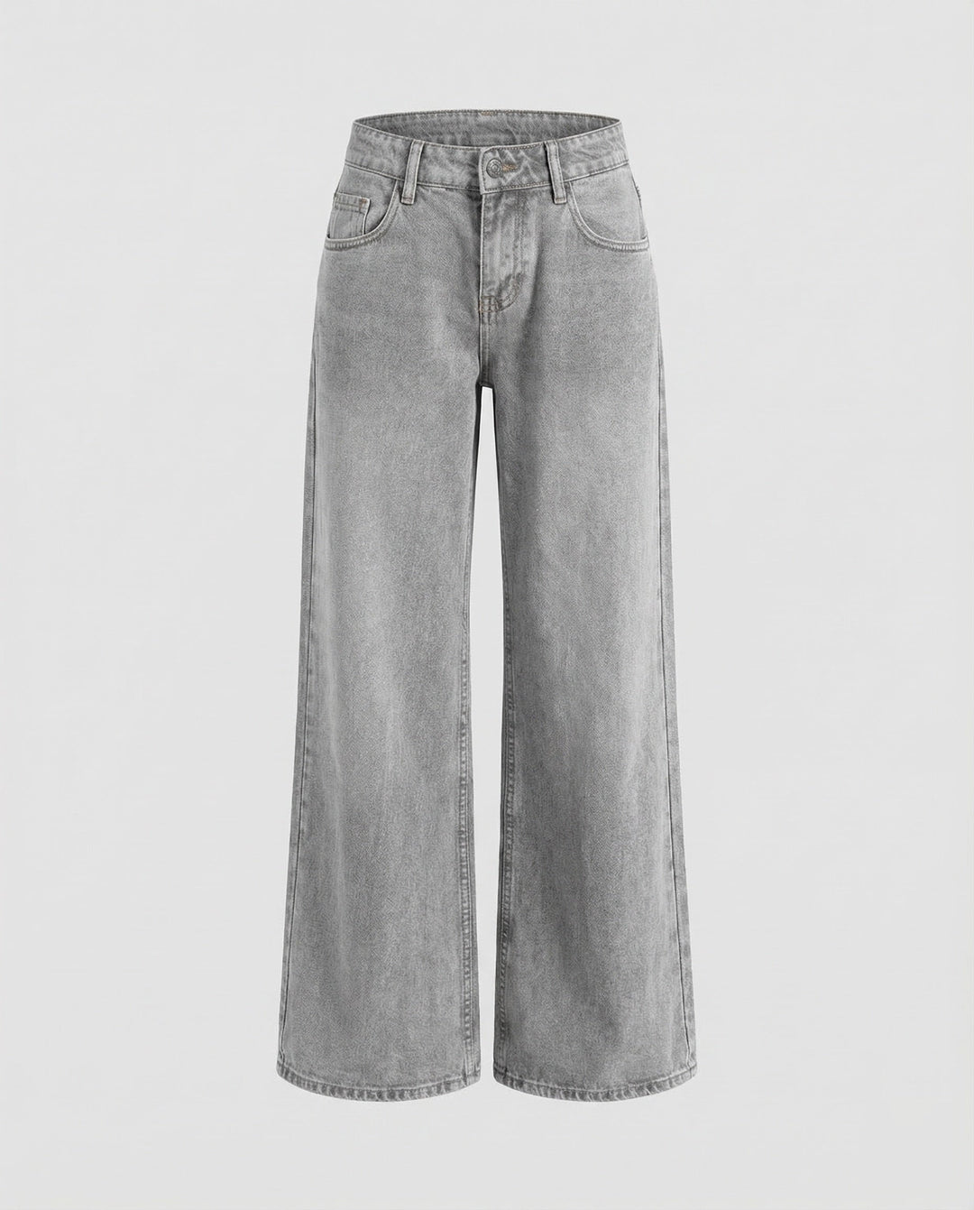 Rückenansicht: Damen gerade Jeans mit niedrigem Bund. Lässige Passform, Taschen & Gürtelschlaufen sichtbar.