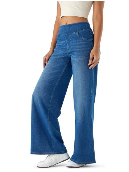 Damen Jeans mit Kreuzdruck, weitem Bein und hoher Taille. Trendige Freizeithose für Alltag, Frühling & Sommer.