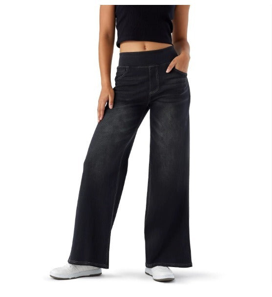 Modische Damen Jeans mit Kreuzdruck. Lässiges weites Bein & hohe Taille, perfekt für trendige Looks.