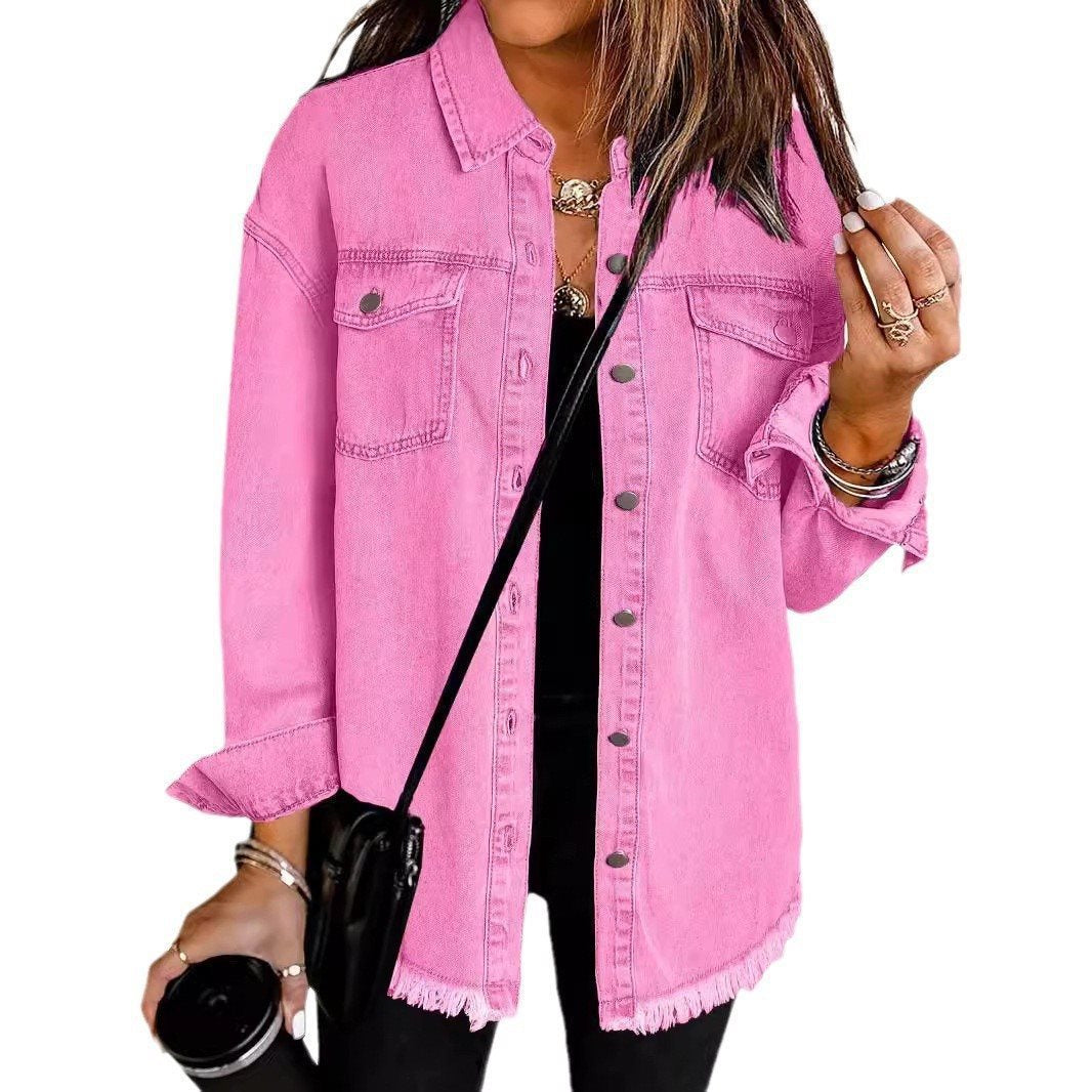 Freizeit Damen Jeanshemd, bequem und stylisch, mit Fransensaum und Brusttaschen.